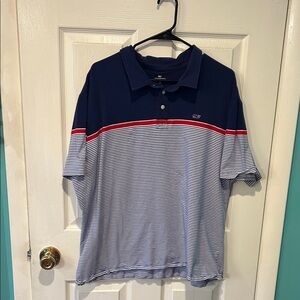 Vineyard Vines Navy and White Polo with Red Accent